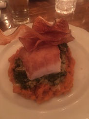 Roasted cod with creamed kale and carrot puree