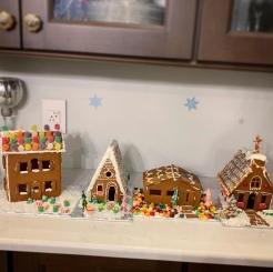 Our village! The two story house is our 12 yo, the chalet is mine, the modern house is our 14yo, and the church is my husb's. Super cute!